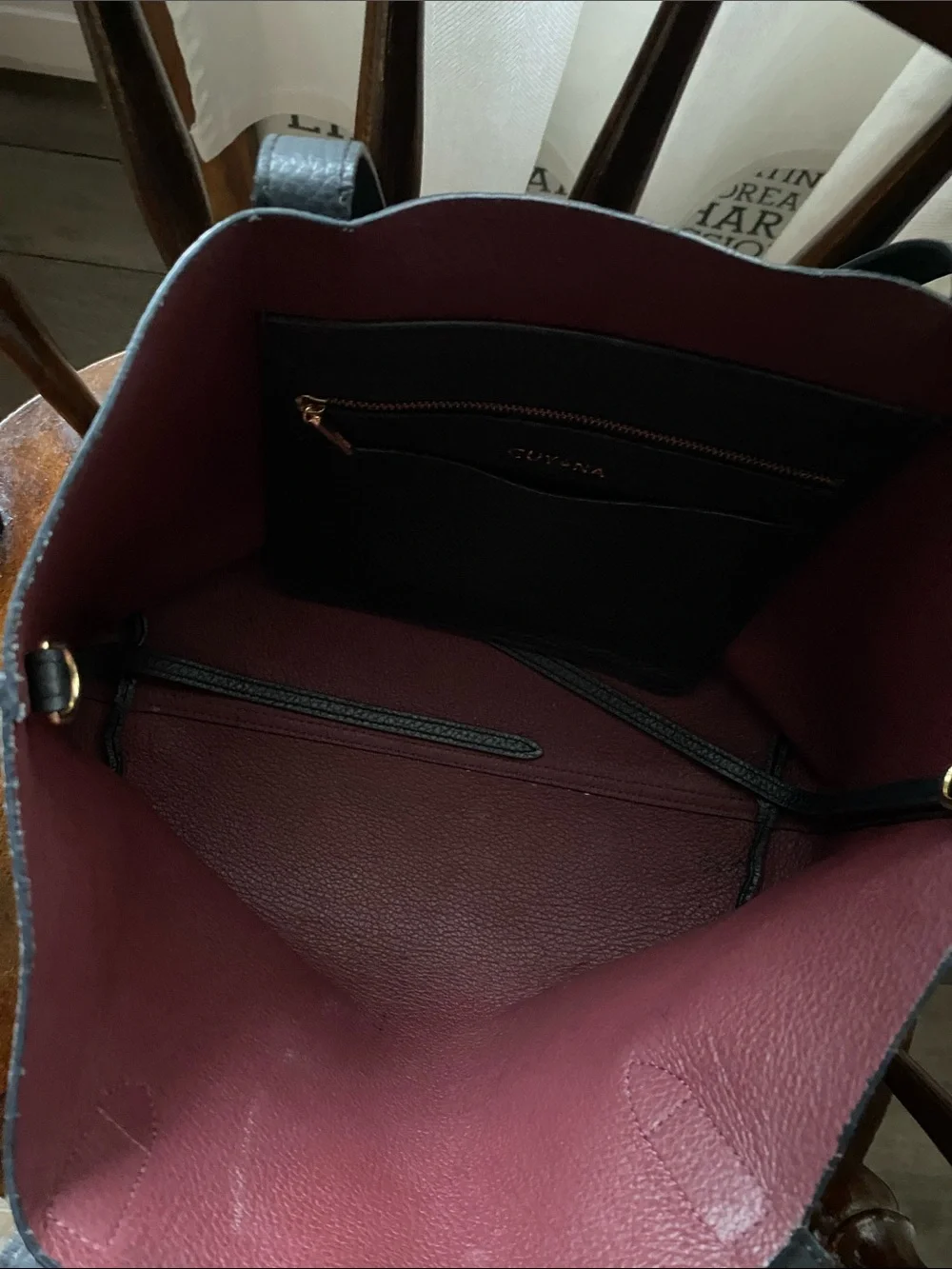 Cuyana Black Leather Tote Bag with Maroon Interior